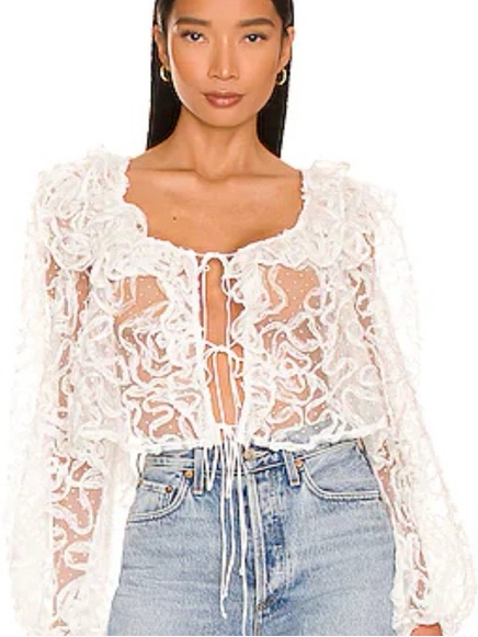 For Love And Lemons White Sheer Lace Tie-Front Blouse